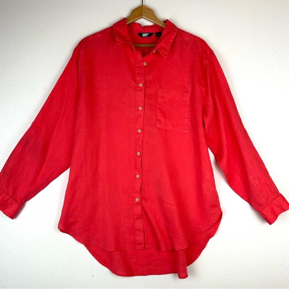 Lands'End Women's Linen Roll Sleeve Oversized Relaxed Button-Down Shirt Coral